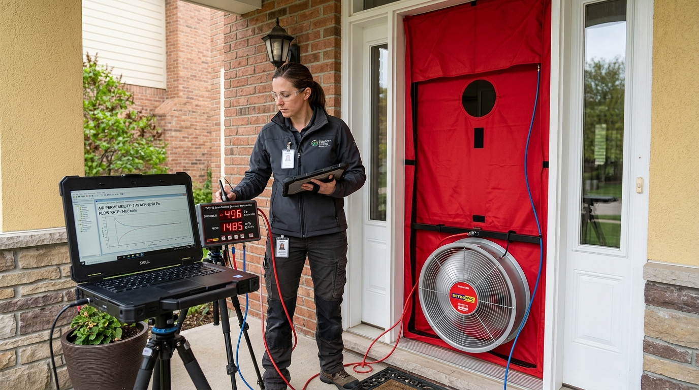 Building scientist conducting a calibrated Blower Door air tightness test on a residential front door