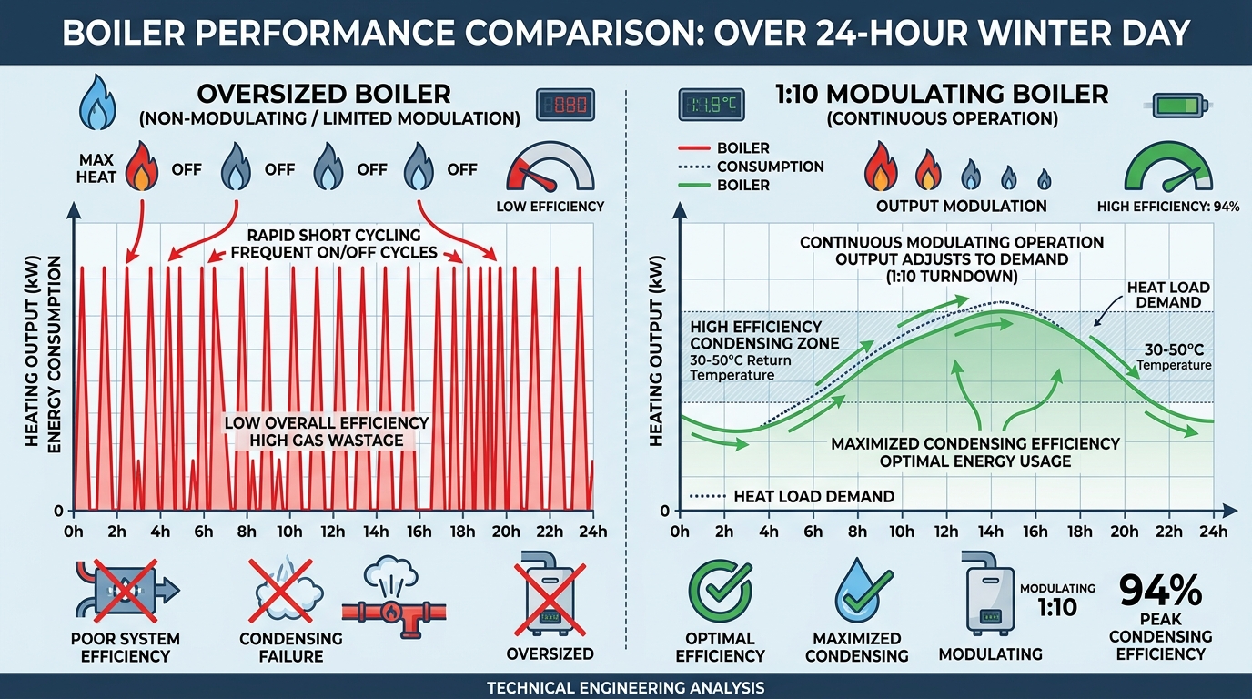 Engineering graph comparing short-cycling oversized boilers versus continuous high-efficiency modulating heat pump systems