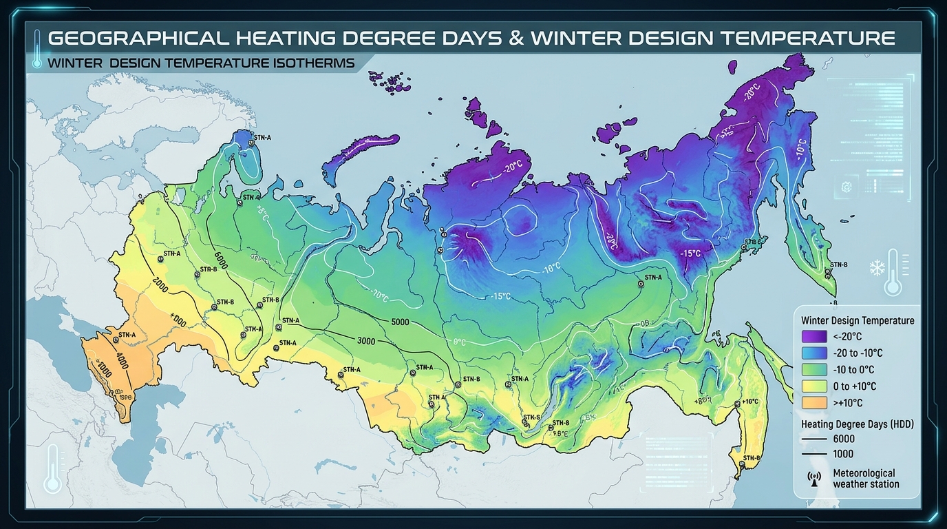 Geographical heating degree days and winter design temperature isotherm contour map