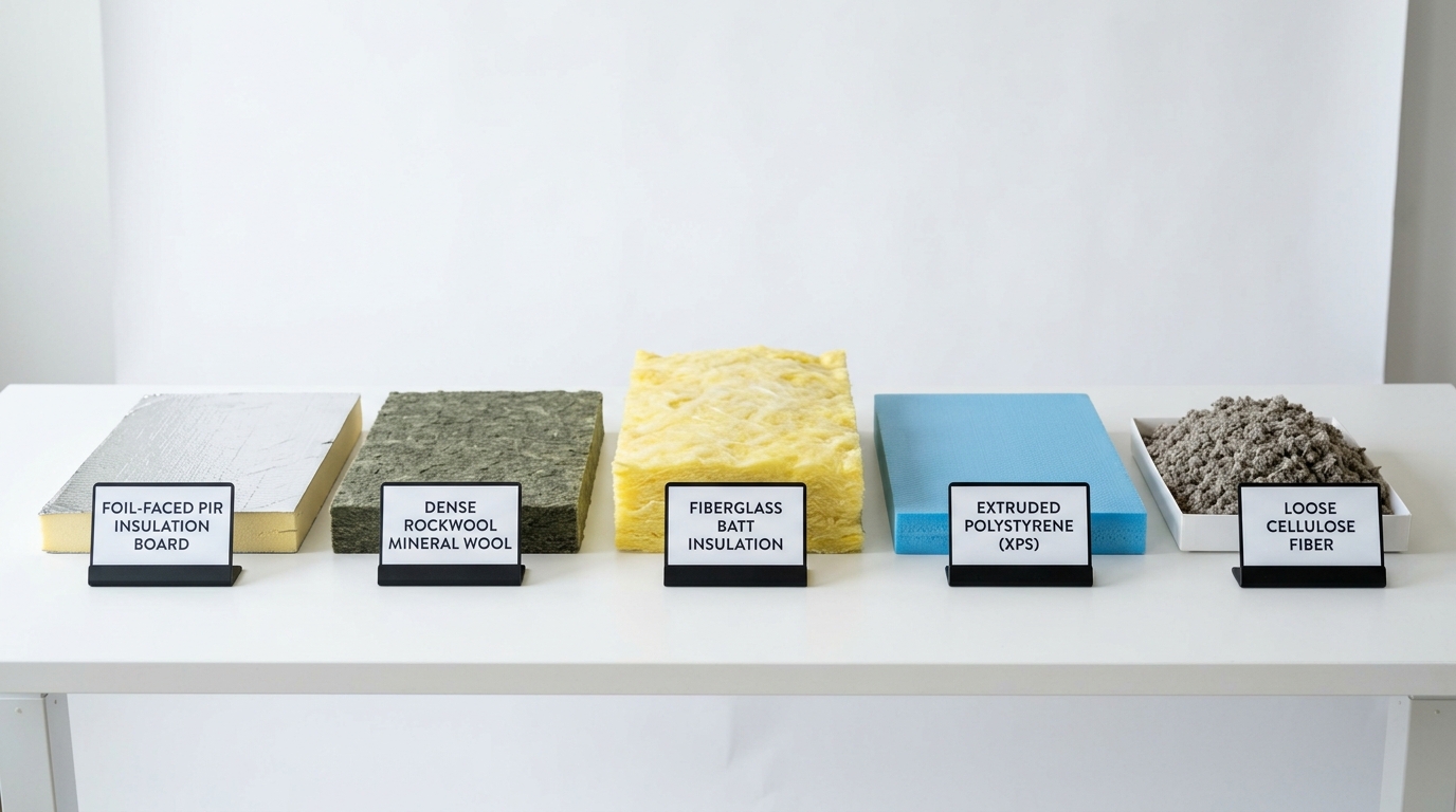 Display of various insulation materials including foil-faced PIR, Rockwool mineral wool, fiberglass, and XPS
