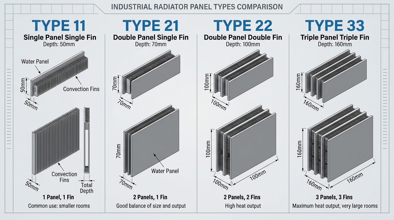 Technical diagram comparing Type 11, Type 21, Type 22, and Type 33 radiator panel depth and convector fins