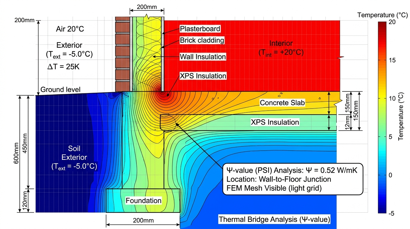 Finite element 2D heat flow simulation showing corner thermal bridging heat leakage